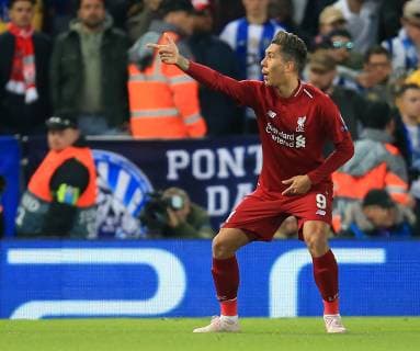 9th April 2019, Anfield, Liverpool, England; UEFA Champions League football, quarter final 1st leg, Liverpool versus FC Porto; Roberto Firmino of Liverpool celebrates after giving his side a 2-0 lead after 25 minutes  ActionPlus12122338 DavidxBlunsden