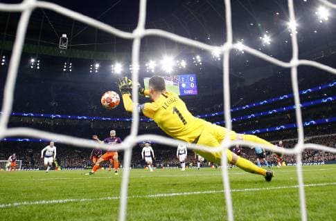 Hugo Lloris of Tottenham saves a penalty by Sergio Aguero of Manchester City during the UEFA Champions League match at the Tottenham Hotspur Stadium, London. Picture date: 9th April 2019. Picture credit should read: Darren Staples Sportimage EDITORIAL USE ONLY. No use with unauthorised audio, video, data, fixture lists, club league logos or live services. Online in-match use limited to 120 images, no video emulation. No use in betting, games or single club league player publications. SPI-0025-0037