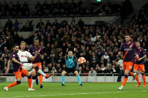 9th April 2019, Tottenham Hotspur Stadium, London, England; UEFA Champions League football, quarter final 1st leg, Tottenham Hotspur versus Manchester City; Harry Kane of Tottenham Hotspur shot is saved as the referee plays on for an earlier foul  ActionPlus12122370 ShaunxBrooks