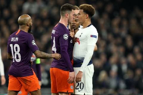 9th April 2019, Tottenham Hotspur Stadium, London, England; UEFA Champions League football, quarter final 1st leg, Tottenham Hotspur versus Manchester City; Aymeric Laporte of Manchester City goes nose to nose with Dele Alli of Tottenham Hotspur  ActionPlus12122374 ShaunxBrooks