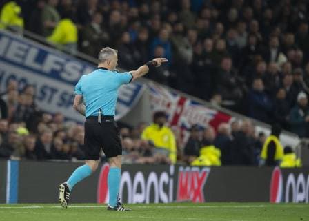 London United Kingdom 09 04 2019 UEFA Champions League 2018 19 Season Quarterfinals 1 Round Tottenham Hotspur Manchester City the referee gestures DeFodi056
