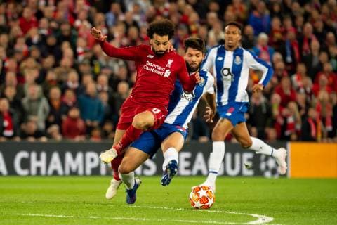 Liverpool England 09 04 2019 UEFA Champions League 2018 19 Season Round of 8 Quarter Finals Liverpool FC vs. FC Port Mohamed Salah LFC and Felipe Porto in a duel DeFodi053