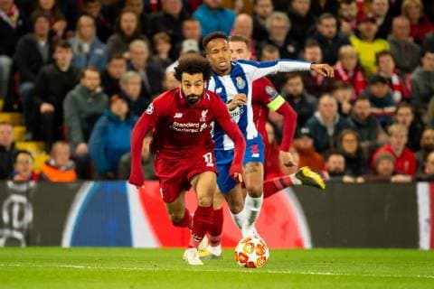 Liverpool England 09 04 2019 UEFA Champions League 2018 19 Season Round of 8 Quarter Finals Liverpool FC vs. FC Port Mohamed Salah LFC and Eder Militao Porto in a duel DeFodi053