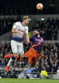 London United Kingdom 09 04 2019 UEFA Champions League 2018 19 Season Quarter-Final 1 Round Tottenham Hotspur Manchester City Harry Kane Tottenham and Nicolas Otamendi Manchester City battle for the ball DeFodi056