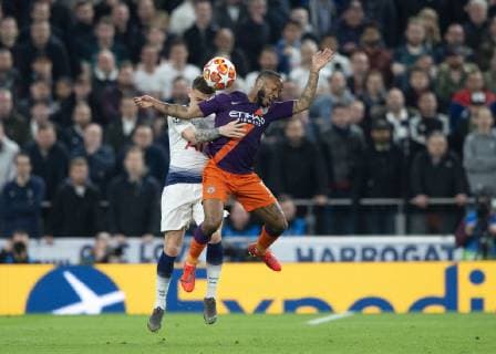 London United Kingdom 09 04 2019 UEFA Champions League 2018 19 Season Quarterfinals 1 Round Tottenham Hotspur Manchester City Raheem Sterling Manchester City and Kieran Trippier Tottenham battle for the ball DeFodi056
