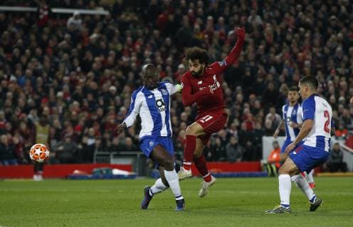 Mohamed Salah of Liverpool attempt shoot past Danilo Pereira of FC Porto during the UEFA Champions League match at Anfield, Liverpool. Picture date: 9th April 2019. Picture credit should read: Andrew Yates Sportimage EDITORIAL USE ONLY. No use with unauthorised audio, video, data, fixture lists, club league logos or live services. Online in-match use limited to 120 images, no video emulation. No use in betting, games or single club league player publications. SPI-0024-0036