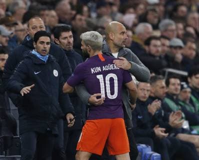 Josep Guardiola manager of Manchester City greets Sergio Aguero of Manchester City as he substitutes him during the UEFA Champions League match at the Tottenham Hotspur Stadium, London. Picture date: 9th April 2019. Picture credit should read: Darren Staples Sportimage EDITORIAL USE ONLY. No use with unauthorised audio, video, data, fixture lists, club league logos or live services. Online in-match use limited to 120 images, no video emulation. No use in betting, games or single club league player publications. SPI-0025-0053