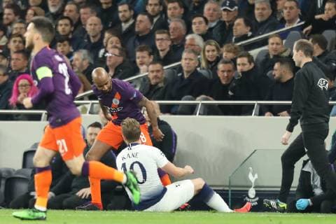 9th April 2019, Tottenham Hotspur Stadium, London, England; UEFA Champions League football, quarter final 1st leg, Tottenham Hotspur versus Manchester City; Fabian Delph of Manchester City speaks with Harry Kane of Tottenham Hotspur as he goes down with an ankle injury  ActionPlus12122384 ShaunxBrooks