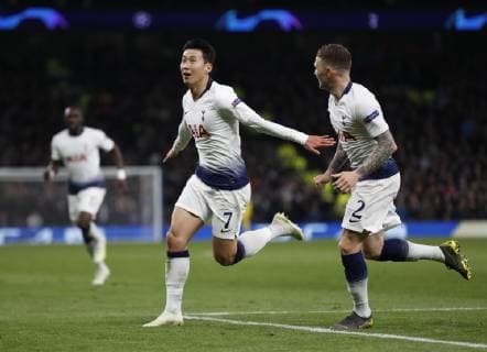 Son Heung-Min of Tottenham celebrates scoring the first goal during the UEFA Champions League match at the Tottenham Hotspur Stadium, London. Picture date: 9th April 2019. Picture credit should read: Darren Staples Sportimage EDITORIAL USE ONLY. No use with unauthorised audio, video, data, fixture lists, club league logos or live services. Online in-match use limited to 120 images, no video emulation. No use in betting, games or single club league player publications. SPI-0025-0061