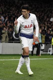 Son Heung-Min of Tottenham celebrates scoring the first goal during the UEFA Champions League match at the Tottenham Hotspur Stadium, London. Picture date: 9th April 2019. Picture credit should read: Darren Staples Sportimage EDITORIAL USE ONLY. No use with unauthorised audio, video, data, fixture lists, club league logos or live services. Online in-match use limited to 120 images, no video emulation. No use in betting, games or single club league player publications. SPI-0025-0063