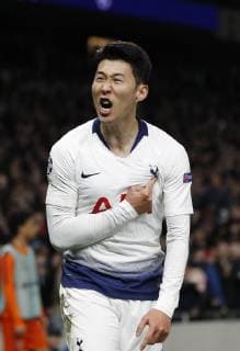 Son Heung-Min of Tottenham celebrates scoring the first goal during the UEFA Champions League match at the Tottenham Hotspur Stadium, London. Picture date: 9th April 2019. Picture credit should read: Darren Staples Sportimage EDITORIAL USE ONLY. No use with unauthorised audio, video, data, fixture lists, club league logos or live services. Online in-match use limited to 120 images, no video emulation. No use in betting, games or single club league player publications. SPI-0025-0065