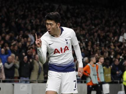 Son Heung-Min of Tottenham celebrates scoring the first goal during the UEFA Champions League match at the Tottenham Hotspur Stadium, London. Picture date: 9th April 2019. Picture credit should read: Darren Staples Sportimage EDITORIAL USE ONLY. No use with unauthorised audio, video, data, fixture lists, club league logos or live services. Online in-match use limited to 120 images, no video emulation. No use in betting, games or single club league player publications. SPI-0025-0070