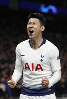 Son Heung-Min of Tottenham celebrates scoring the first goal during the UEFA Champions League match at the Tottenham Hotspur Stadium, London. Picture date: 9th April 2019. Picture credit should read: Darren Staples Sportimage EDITORIAL USE ONLY. No use with unauthorised audio, video, data, fixture lists, club league logos or live services. Online in-match use limited to 120 images, no video emulation. No use in betting, games or single club league player publications. SPI-0025-0069
