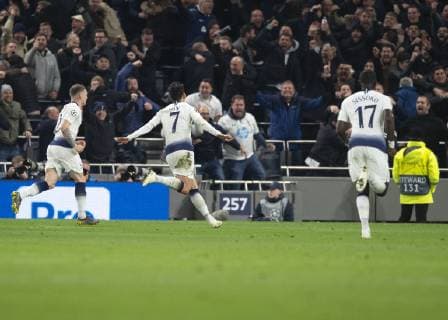 London United Kingdom 09 04 2019 UEFA Champions League 2018 19 Season Quarterfinals 1 Round Tottenham Hotspur Manchester City Son Heung Min Tottenham celebrates after scoring his team s first goal DeFodi056