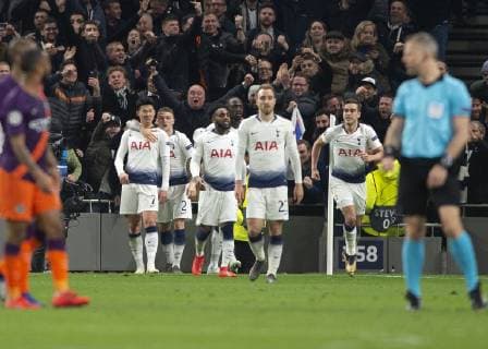 London United Kingdom 09 04 2019 UEFA Champions League 2018 19 Season Quarterfinals 1 Round Tottenham Hotspur Manchester City Son Heung Min Tottenham celebrates after scoring his team s first goal with team mates DeFodi056