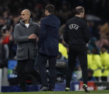 Josep Guardiola manager of Manchester City and Mauricio Pochettino manager of Tottenham exchange handshakes at the end of the match during the UEFA Champions League match at the Tottenham Hotspur Stadium, London. Picture date: 9th April 2019. Picture credit should read: Darren Staples Sportimage EDITORIAL USE ONLY. No use with unauthorised audio, video, data, fixture lists, club league logos or live services. Online in-match use limited to 120 images, no video emulation. No use in betting, games or single club league player publications. SPI-0025-0081