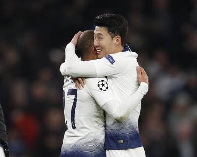 Son Heung-Min of Tottenham celebrates at the end of the game during the UEFA Champions League match at the Tottenham Hotspur Stadium, London. Picture date: 9th April 2019. Picture credit should read: Darren Staples Sportimage EDITORIAL USE ONLY. No use with unauthorised audio, video, data, fixture lists, club league logos or live services. Online in-match use limited to 120 images, no video emulation. No use in betting, games or single club league player publications. SPI-0025-0083