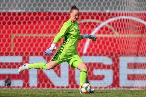 Football Women International match Germany Japan 09 04 2019 at the Benteler Arena in Paderborn Almuth Schult Germany DFB regulations prohibit any use of photographs as image sequences and or quasi video xSBx