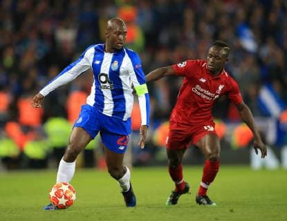 9th April 2019, Anfield, Liverpool, England; UEFA Champions League football, quarter final 1st leg, Liverpool versus FC Porto; Danilo Perrier of Porto shields the ball from Sadio Mane of Liverpool  ActionPlus12122490 DavidxBlunsden