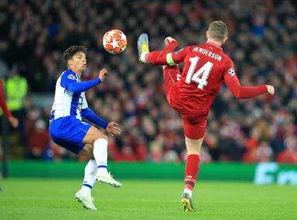9th April 2019, Anfield, Liverpool, England; UEFA Champions League football, quarter final 1st leg, Liverpool versus FC Porto; Oliver Torres of Porto and Jordan Henderson of Liverpool compete for the ball  ActionPlus12122500 DavidxBlunsden