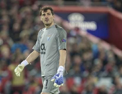 (190410) -- LIVERPOOL, April 10, 2019 (Xinhua) -- FC Porto s goalkeeper Iker Casillas looks dejected as a VAR decision goes against his side during the UEFA Champions League Quarter-final first leg match between Liverpool FC and FC Porto at Anfield in Liverpool, Britain on April 9, 2019. Liverpool won 2-0. (Xinhua) FOR EDITORIAL USE ONLY. NOT FOR SALE FOR MARKETING OR ADVERTISING CAMPAIGNS. NO USE WITH UNAUTHORIZED AUDIO, VIDEO, DATA, FIXTURE LISTS, CLUB LEAGUE LOGOS OR LIVE SERVICES. ONLINE IN-MATCH USE LIMITED TO 45 IMAGES, NO VIDEO EMULATION. NO USE IN BETTING, GAMES OR SINGLE CLUB LEAGUE PLAYER PUBLICATIONS. (SP)BRITAIN-LIVERPOOL-FOOTBALL-UEFA CHAMPIONS LEAGUE-LIVERPOOL VS FC PORTO