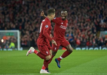 (190410) -- LIVERPOOL, April 10, 2019 (Xinhua) -- Liverpool s Naby Keita (R) celebrates with teammate Roberto Firmino during the UEFA Champions League Quarter-final first leg match between Liverpool FC and FC Porto at Anfield in Liverpool, Britain on April 9, 2019. Liverpool won 2-0. (Xinhua) FOR EDITORIAL USE ONLY. NOT FOR SALE FOR MARKETING OR ADVERTISING CAMPAIGNS. NO USE WITH UNAUTHORIZED AUDIO, VIDEO, DATA, FIXTURE LISTS, CLUB LEAGUE LOGOS OR LIVE SERVICES. ONLINE IN-MATCH USE LIMITED TO 45 IMAGES, NO VIDEO EMULATION. NO USE IN BETTING, GAMES OR SINGLE CLUB LEAGUE PLAYER PUBLICATIONS. (SP)BRITAIN-LIVERPOOL-FOOTBALL-UEFA CHAMPIONS LEAGUE-LIVERPOOL VS FC PORTO