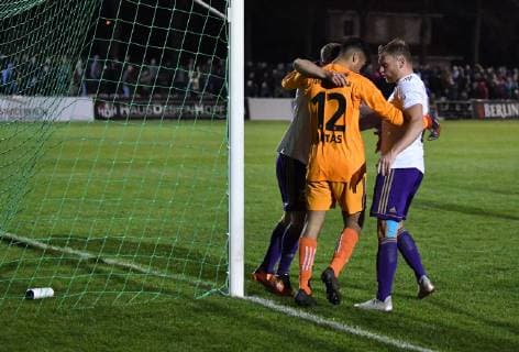 Soccer Men Season 2018 2019 Semifinals at Berlin AOK Landespokal VSG Altglenicke Tennis Borussia 4 5 in penalty shootout 2 2 2 2 2 2 v l Nico Matt TeBe Tennis Borussia goalkeeper Ertugrul Aktas TeBe Tennis Borussia Nils Göwecke TeBe Tennis Borussia celebrate goalkeeper Ertugrul Aktas TeBe Tennis Borussia who in extra time a penalty kick from Benjamin Förster not in the picture VSG Altglienicke held 09 04 2019 Copyright: xMatthiasxKochx