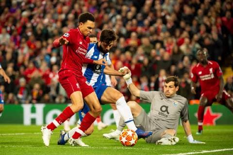 Liverpool England 09 04 2019 UEFA Champions League 2018 19 Season Round of 8 Quarter Finals Liverpool FC vs. FC Port Trent Alexander Arnold LFC Goalkeeper Iker Casillas Porto and Felipe Porto in a duel DeFodi053