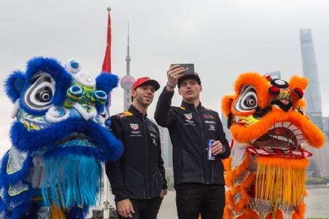 SHANGHAI, CHINA - APRIL 10: Racing driver Pierre Gasly (L) of France and racing driver Max Verstappen of Netherlands take selfies during a promotional event ahead of the 2019 Formula 1 Heineken Chinese Grand Prix on April 10, 2019 in Shanghai, China.  Copyright: xVCGx CFP111206388911 