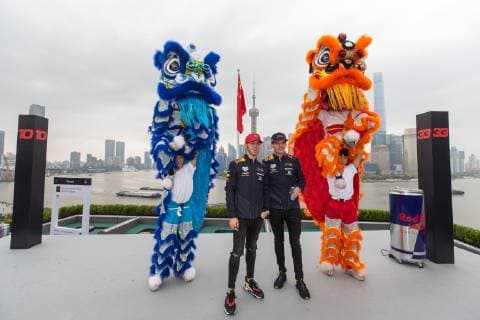 SHANGHAI, CHINA - APRIL 10: Racing driver Pierre Gasly (L) of France and racing driver Max Verstappen of Netherlands attend a promotional event ahead of the 2019 Formula 1 Heineken Chinese Grand Prix on April 10, 2019 in Shanghai, China.  Copyright: xVCGx CFP111206388912 