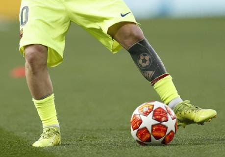 Tattoo on the leg of Lionel Messi of Barcelona during the UEFA Champions League match at Old Trafford, Manchester. Picture date: 10th April 2019. Picture credit should read: Darren Staples Sportimage EDITORIAL USE ONLY. No use with unauthorised audio, video, data, fixture lists, club league logos or live services. Online in-match use limited to 120 images, no video emulation. No use in betting, games or single club league player publications. SPI-0026-0009