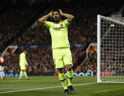 Luis Suarez of Barcelona reacts to a missed chance during the UEFA Champions League match at Old Trafford, Manchester. Picture date: 10th April 2019. Picture credit should read: Darren Staples Sportimage EDITORIAL USE ONLY. No use with unauthorised audio, video, data, fixture lists, club league logos or live services. Online in-match use limited to 120 images, no video emulation. No use in betting, games or single club league player publications. SPI-0026-0036