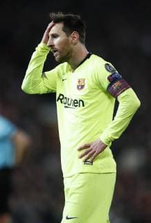 Lionel Messi of Barcelona during the UEFA Champions League match at Old Trafford, Manchester. Picture date: 10th April 2019. Picture credit should read: Darren Staples Sportimage EDITORIAL USE ONLY. No use with unauthorised audio, video, data, fixture lists, club league logos or live services. Online in-match use limited to 120 images, no video emulation. No use in betting, games or single club league player publications. SPI-0026-0039