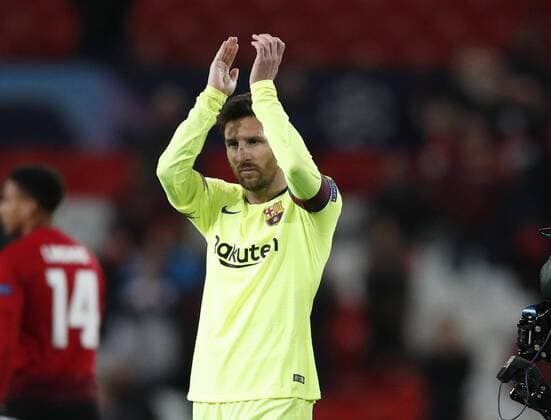Lionel Messi of Barcelona applauds the fans during the UEFA Champions League match at Old Trafford, Manchester. Picture date: 10th April 2019. Picture credit should read: Darren Staples Sportimage EDITORIAL USE ONLY. No use with unauthorised audio, video, data, fixture lists, club league logos or live services. Online in-match use limited to 120 images, no video emulation. No use in betting, games or single club league player publications. SPI-0026-0048