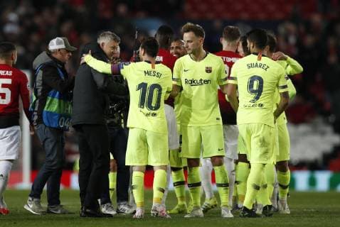 Lionel Messi of Barcelona acknowledges Ole Gunnar Solskjaer manager of Manchester United ManU during the UEFA Champions League match at Old Trafford, Manchester. Picture date: 10th April 2019. Picture credit should read: Darren Staples Sportimage EDITORIAL USE ONLY. No use with unauthorised audio, video, data, fixture lists, club league logos or live services. Online in-match use limited to 120 images, no video emulation. No use in betting, games or single club league player publications. SPI-0026-0051