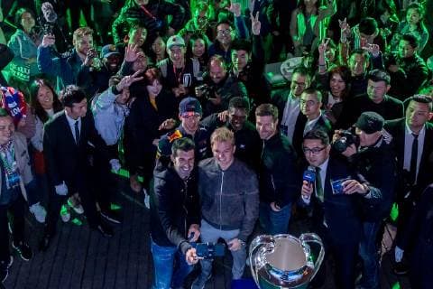 Xabi Alonso, Clarence Seedorf, David Coulthard, Nico Rosberg and Luis Figo take photos with fans during the UEFA Champions League Trophy Tour, presented by Heineken, in Shanghai, China, 10 April 2019. UEFA Champions League Trophy Tour ends on a high in Shanghai  bjl8634677