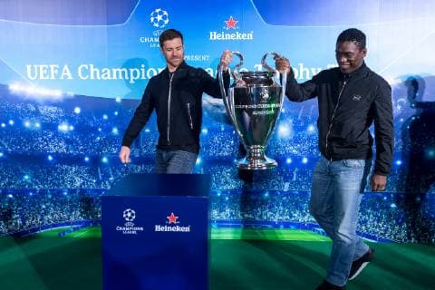 Spanish former footballer Xabi Alonso, left, and Dutch former footballer Clarence Seedorf attend the UEFA Champions League Trophy Tour, presented by Heineken, in Shanghai, China, 10 April 2019. UEFA Champions League Trophy Tour ends on a high in Shanghai  bjl8634662