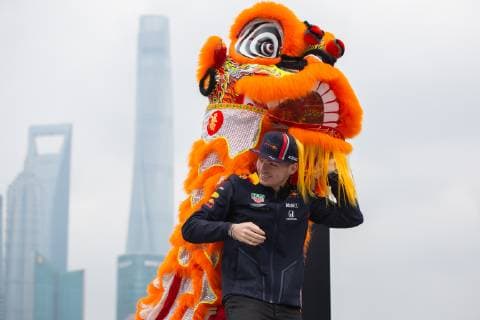 Belgian-Dutch racing driver Max Verstappen of Red Bull Racing tries out lion dance during a promotional event ahead of the 2019 Formula 1 Chinese Grand Prix in Shanghai, China, 10 April 2019. Red Bull Racing s Pierre Gasly, Max Verstappen experience lion dance in Shanghai  bjl8633025