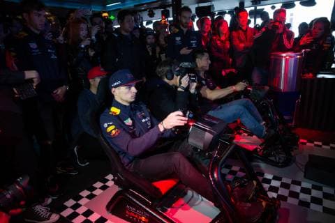 Belgian-Dutch racing driver Max Verstappen of Red Bull Racing competes in a simulation game ahead of the 2019 Formula 1 Chinese Grand Prix in Shanghai, China, 10 April 2019. Red Bull Racing s Pierre Gasly, Max Verstappen experience lion dance in Shanghai  bjl8633028
