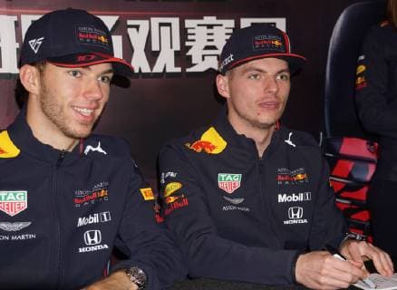 Formula One Red Bull driver Max Verstappen, right, of Netherlands and Formula One Red Bull driver Pierre Gasly of France attend a fan meeting in Shanghai, China, 10 April 2019. Red Bull s Pierre Gasly and Max Verstappen highlight fan meeting in Shanghai  bjl8632122
