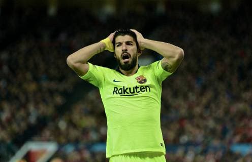 (190411) -- MANCHESTER, April 11, 2019 (Xinhua) -- Barcelona s Luis Suarez reacts after missing a chance during the UEFA Champions League Quarter-Final first leg match between Manchester United ManU and FC Barcelona Barca at Old Trafford in Manchester, Britain on April 10, 2019. Barcelona won 1-0. (Xinhua) FOR EDITORIAL USE ONLY. NOT FOR SALE FOR MARKETING OR ADVERTISING CAMPAIGNS. NO USE WITH UNAUTHORIZED AUDIO, VIDEO, DATA, FIXTURE LISTS, CLUB LEAGUE LOGOS OR LIVE SERVICES. ONLINE IN-MATCH USE LIMITED TO 45 IMAGES, NO VIDEO EMULATION. NO USE IN BETTING, GAMES OR SINGLE CLUB LEAGUE PLAYER PUBLICATIONS. (SP)BRITAIN-MANCHESTER-FOOTBALL-CHAMPIONS LEAGUE-QUARTERFINAL-MAN UNITED VS BARCELONA 