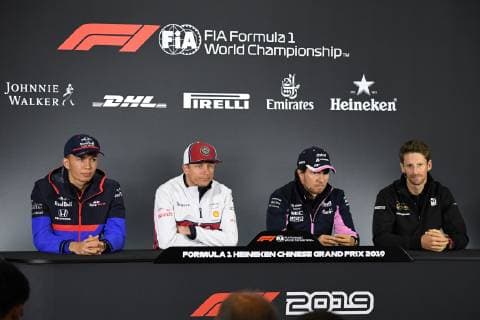 (From left) Thai-British racing driver Alexander Albon of Scuderia Toro Rossom, Finnish racing driver Kimi Raikkonen of Alfa Romeo Racing, Mexican racing driver Sergio Perez, also known as Checo Perez, of Racing Point, and French racing driver Romain Grosjean of Haas F1 Team attend a press conference PK Pressekonferenz ahead of the Formula 1 Heineken Chinese Grand Prix 2019 in Shanghai, China, 11 April 2019. F1 drivers meet press to preheat 2019 Formula 1 Chinese Grand Prix in Shanghai  20190411_604927