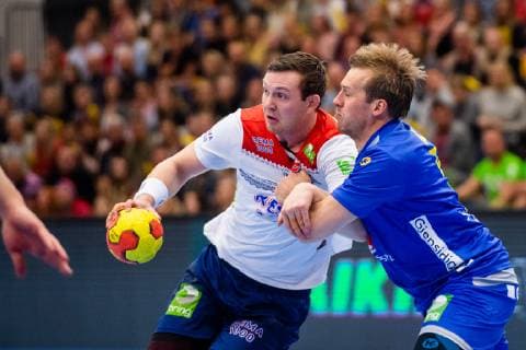 190411 Sander Sagosen of Norway and Max Darj of Sweden during the EHF EURO Cup match between Norway and Sweden on April 11 2019 in Arendal Photo Fredrik Varfjell BILDBYRAN kod FV 150228,  Copyright: FREDRIKxVARFJELL BB190411FV010