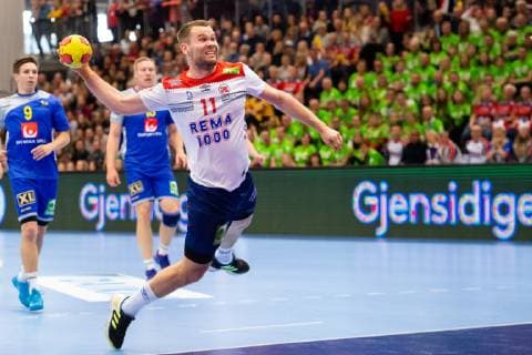 190411 Petter overby of Norway during the EHF EURO Cup match between Norway and Sweden on April 11 2019 in Arendal Photo Fredrik Varfjell BILDBYRAN kod FV 150228,  Copyright: FREDRIKxVARFJELL BB190411FV013