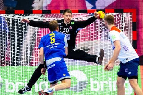 190411 Max Darj of Sweden against Goalkeeper Torbjorn Bergerud of Norway during the EHF EURO Cup match between Norway and Sweden on April 11 2019 in Arendal Photo Fredrik Varfjell BILDBYRAN kod FV 150228,  Copyright: FREDRIKxVARFJELL BB190411FV016