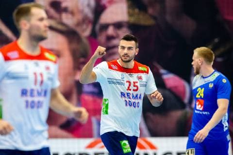 190411 Eivind Tangen of Norway celebrates during the EHF EURO Cup match between Norway and Sweden on April 11 2019 in Arendal Photo Fredrik Varfjell BILDBYRAN kod FV 150228,  Copyright: FREDRIKxVARFJELL BB190411FV024