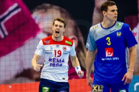 190411 Kristian Bjornsen of Norway celebrates during the EHF EURO Cup match between Norway and Sweden on April 11 2019 in Arendal Photo Fredrik Varfjell BILDBYRAN kod FV 150228,  Copyright: FREDRIKxVARFJELL BB190411FV025