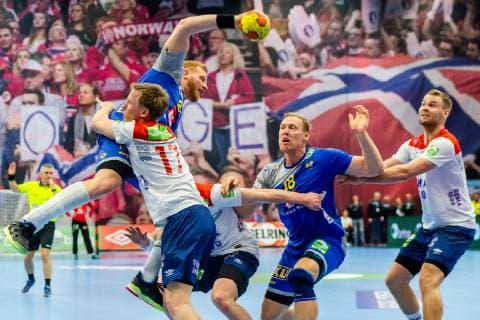 190411 Jim Gottfridsson and Fredric Pettersson of Sweden against Magnus Jondal of Norway during the EHF EURO Cup match between Norway and Sweden on April 11 2019 in Arendal Photo Fredrik Varfjell BILDBYRAN code FV 150228,  Copyright: FREDRIKxVARFJELL BB190411FV026