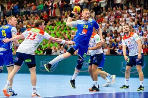 190411 Jim Gottfridsson of Sweden during the EHF EURO Cup match between Norway and Sweden on April 11 2019 in Arendal Photo Fredrik Varfjell BILDBYRAN code FV 150228,  Copyright: FREDRIKxVARFJELL BB190411FV027