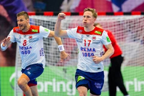 190411 Magnus Jondal of Norway celebrates during the EHF EURO Cup match between Norway and Sweden on April 11 2019 in Arendal Photo Fredrik Varfjell BILDBYRAN kod FV 150228,  Copyright: FREDRIKxVARFJELL BB190411FV028
